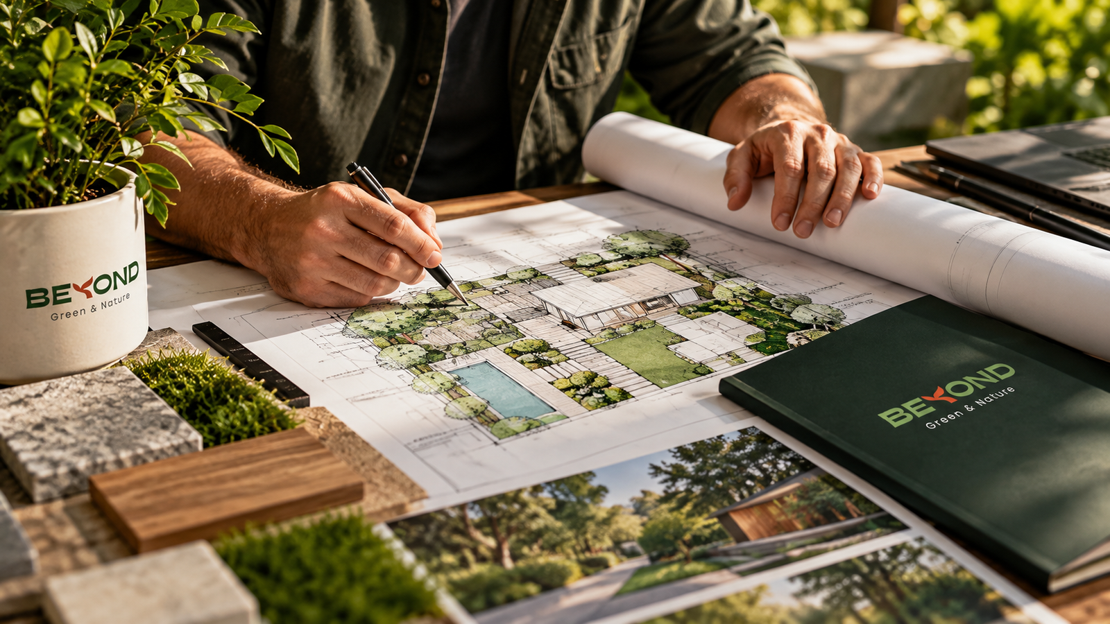 Person drawing on architectural plans